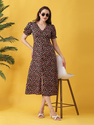 ANVI Be Yourself Women Fit and Flare Black Midi/Calf Length Dress