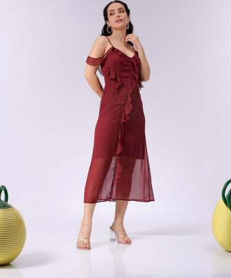 The Indian Garage Co. -Freehand Women Ruffled Maroon Maxi/Full Length Dress