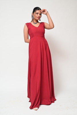 diyaz Women Fit and Flare Maroon Maxi/Full Length Dress