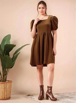 Dwarros Women Fit and Flare Brown Above Knee/Mid Thigh Length Dress