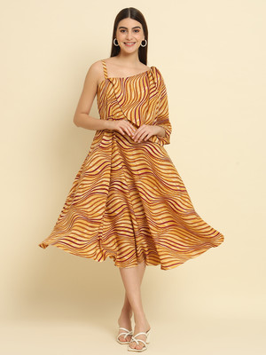 Rudraaksha Women A-line Yellow, Brown Midi/Calf Length Dress