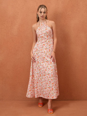 CORSICA Women A-line White, Orange Maxi/Full Length Dress