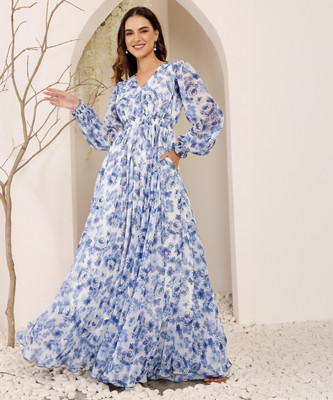 Miss Chase Women Gathered White, Blue Maxi/Full Length Dress