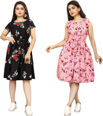 HouseOfCommon Women Fit and Flare Black Below Knee Dress