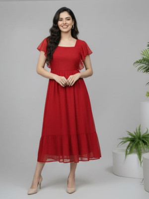 LECORA Women Fit and Flare Red Maxi/Full Length Dress