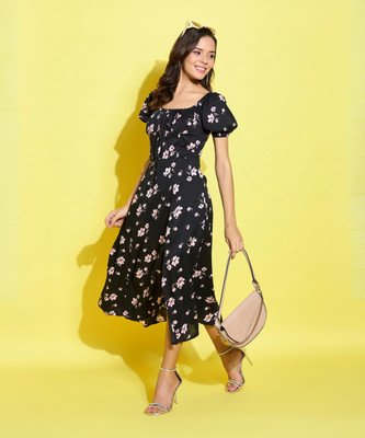 ANVI Be Yourself Women Fit and Flare Black Midi/Calf Length Dress