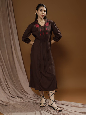 ATHENA Women A-line Brown Midi/Calf Length Dress