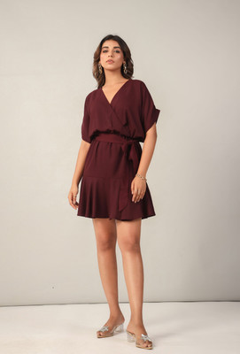 JUNE 9 CLOTHING Women Fit and Flare Maroon Mini/Short Dress
