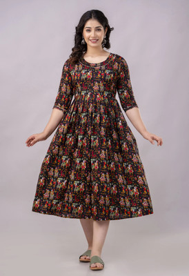 AAVRITTIQUEENS Women Fit and Flare Black Midi/Calf Length Dress