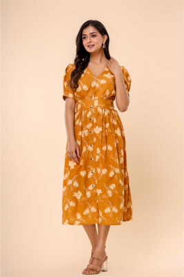 MODASFAB Women Fit and Flare Yellow, Gold Midi/Calf Length Dress