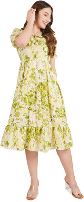 AKSHA CREATION Women Fit and Flare Light Green, Beige Midi/Calf Length Dress