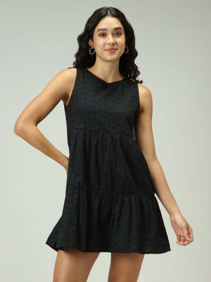 OUTZIDR Women A-line Black Above Knee/Mid Thigh Length Dress