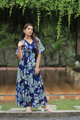 HouseOfCommon Women Fit and Flare Blue Maxi/Full Length Dress