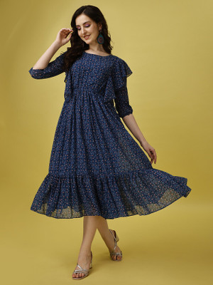 Priya Collection Women A-line Dark Blue Midi/Calf Length Dress