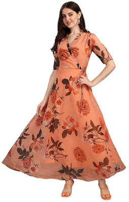 HK SHOPEE Women Fit and Flare Orange Maxi/Full Length Dress