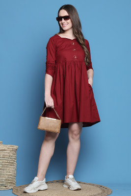VihaanExim Women A-line Maroon Above Knee/Mid Thigh Length Dress