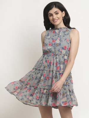 La Zoire Women Fit and Flare Grey Knee Length Dress