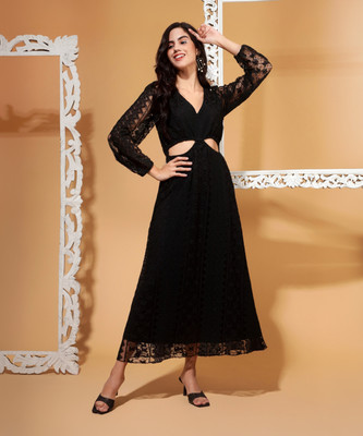 DRAPE AND DAZZLE Women Fit and Flare Black Midi/Calf Length Dress