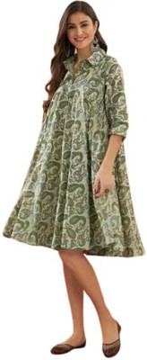 ARJJRA Women Fit and Flare Green Above Knee/Mid Thigh Length Dress