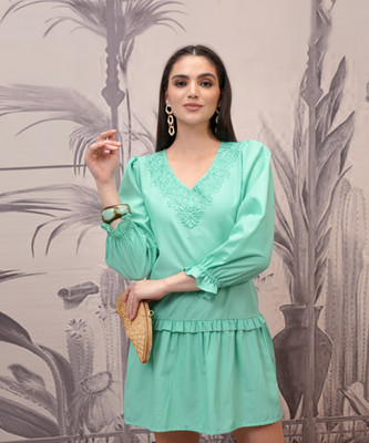 Vishudh Women Drop Waist Light Green Above Knee/Mid Thigh Length Dress
