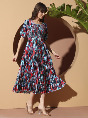 OTABU Women Gathered Multicolor Midi/Calf Length Dress