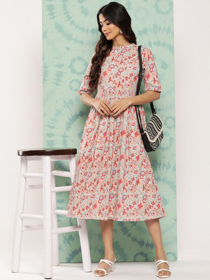 Janasya Women Fit and Flare Multicolor Midi/Calf Length Dress