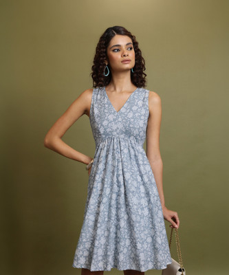 Vishudh Women A-line Grey, Light Blue Knee Length Dress