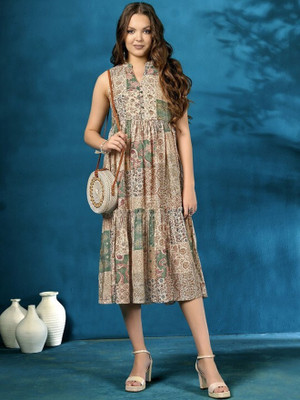 ANOUK Women Fit and Flare Beige Midi/Calf Length Dress
