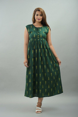 VYMO Women Fit and Flare Green Maxi/Full Length Dress