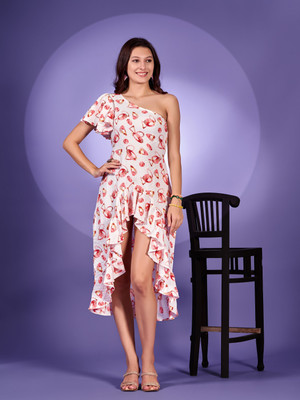 Fashion2wear Women High Low White Midi/Calf Length Dress