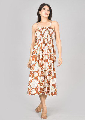 Sangalpatti Women Asymmetric Brown, White Midi/Calf Length Dress