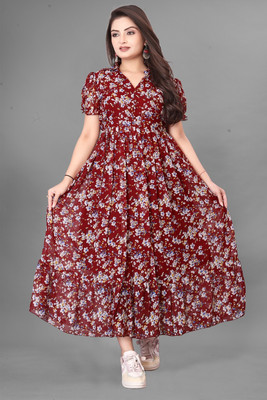ZIVCY Women Fit and Flare Red Maxi/Full Length Dress