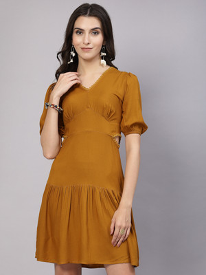 AAYU Women A-line Yellow Above Knee/Mid Thigh Length Dress