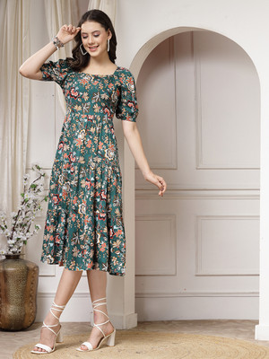 indibelle Women Fit and Flare Green Midi/Calf Length Dress