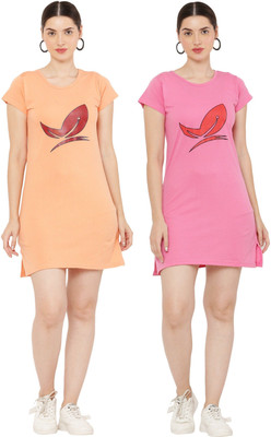 PREE GOO Women Ethnic Dress Orange, Pink Above Knee/Mid Thigh Length Dress