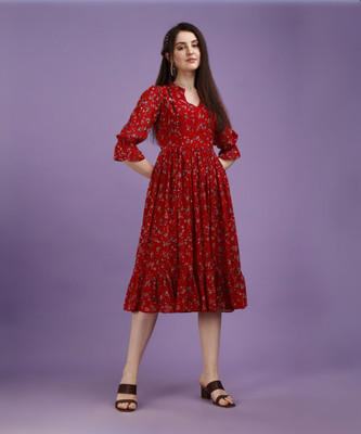 Fashion2wear Women Fit and Flare Red Midi/Calf Length Dress