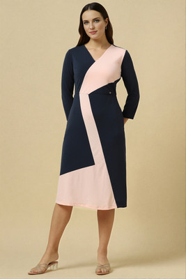 Allen Solly Women Fit and Flare Dark Blue, Pink Below Knee Dress