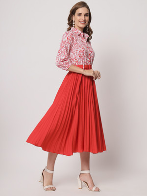 ZWERLON Women Fit and Flare Red Midi/Calf Length Dress