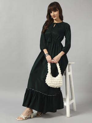 Krunal Raiyani Women Fit and Flare Green Maxi/Full Length Dress