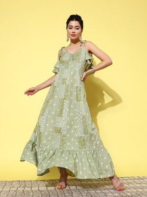 Yufta Women A-line Dark Green, Light Green, White Midi/Calf Length Dress