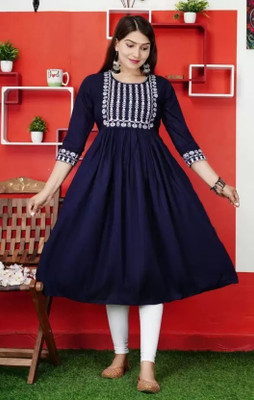 EZ stall Women Fit and Flare Dark Blue, White Midi/Calf Length Dress