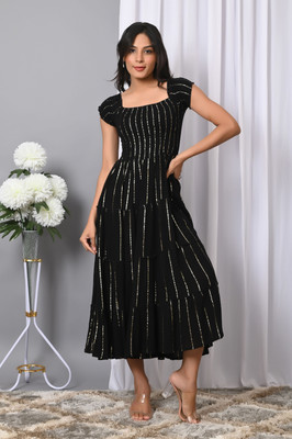 VYMO Women Fit and Flare Black Midi/Calf Length Dress