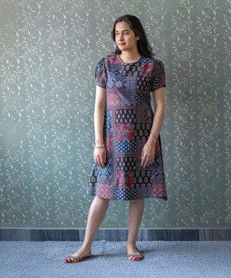 Jaipuri Bunaai Women A-line Multicolor Knee Length Dress