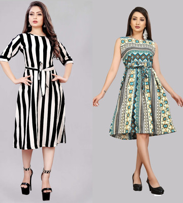Modli 20 Fashion Women Fit and Flare Multicolor Below Knee Dress
