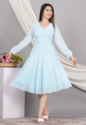 AKIKO Women Fit and Flare Blue Midi/Calf Length Dress