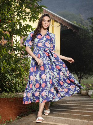 Stylum Women Fit and Flare Blue Below Knee Dress