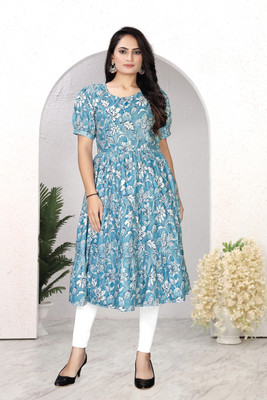SHOPWITHSRUVI Women Gown Blue Below Knee Dress
