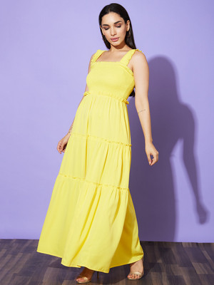 Globus Women Fit and Flare Yellow Maxi/Full Length Dress