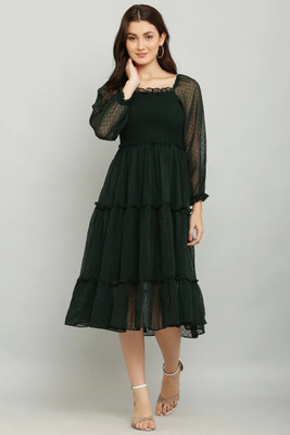 SR Collection Women Fit and Flare Green Below Knee Dress