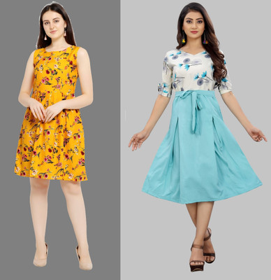 tanvi creation Women Fit and Flare Multicolor Knee Length Dress